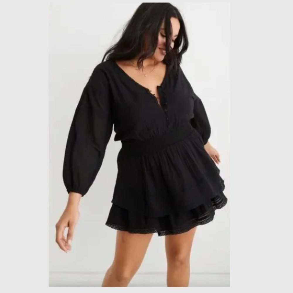 AERIE NEW Rock 'N' Ruffle Mini Dress in Black / Size L / NWOT